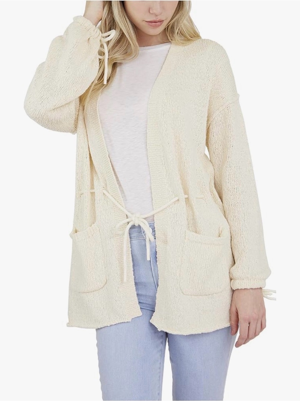 PAIGE Marlee Knit Tie-Front Open Cardigan in Oatmeal 100% Cotton (M)